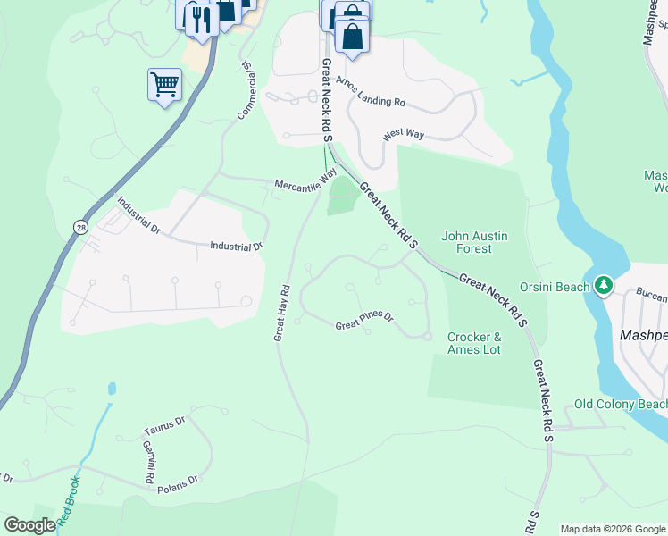 map of restaurants, bars, coffee shops, grocery stores, and more near 60 Great Pines Drive in Mashpee