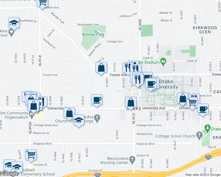 map of restaurants, bars, coffee shops, grocery stores, and more near 1305 34th Street in Des Moines