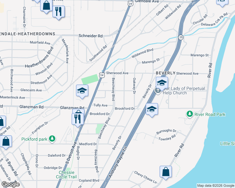 map of restaurants, bars, coffee shops, grocery stores, and more near 3511 Beechway Blvd in Toledo