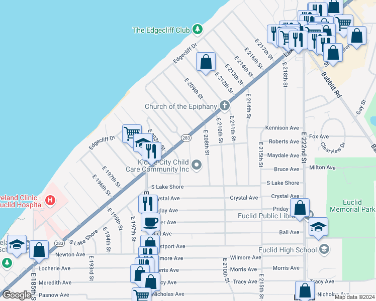 map of restaurants, bars, coffee shops, grocery stores, and more near 236 E 206th St in Euclid