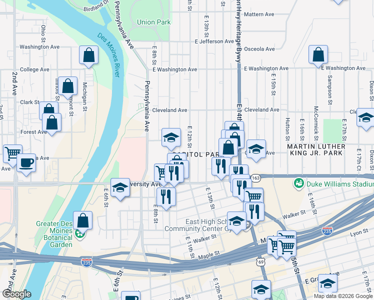map of restaurants, bars, coffee shops, grocery stores, and more near 1301 East 12th Street in Des Moines