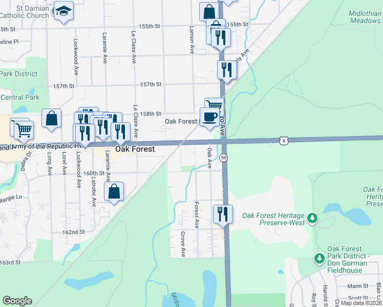 map of restaurants, bars, coffee shops, grocery stores, and more near 15940 Forest Avenue in Oak Forest