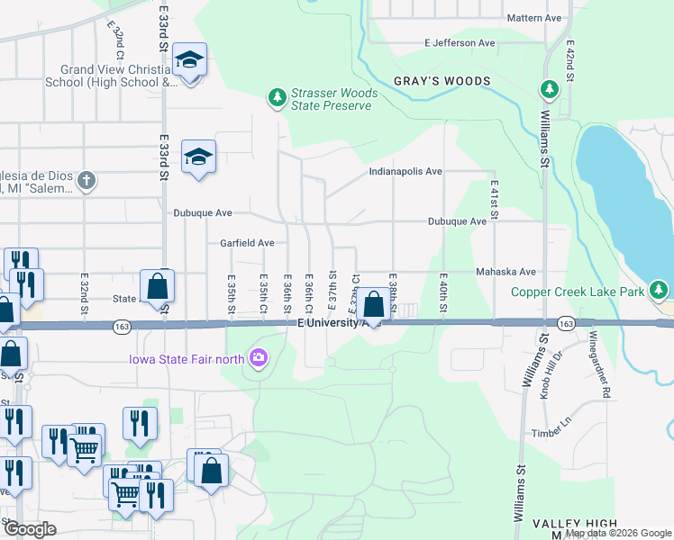 map of restaurants, bars, coffee shops, grocery stores, and more near 1251 East 37th Street in Des Moines