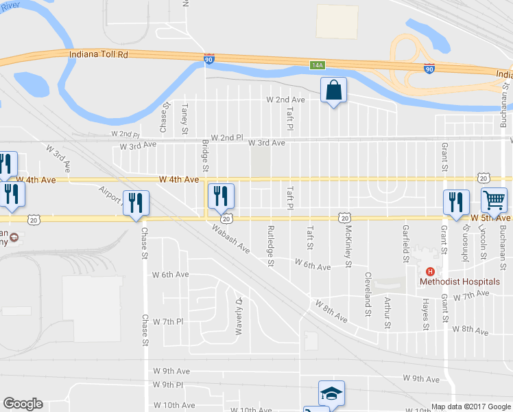 map of restaurants, bars, coffee shops, grocery stores, and more near 455 Ellsworth Street in Gary