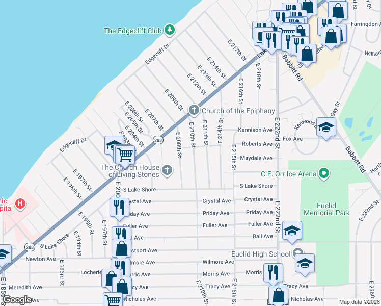 map of restaurants, bars, coffee shops, grocery stores, and more near 294 East 210th Street in Euclid