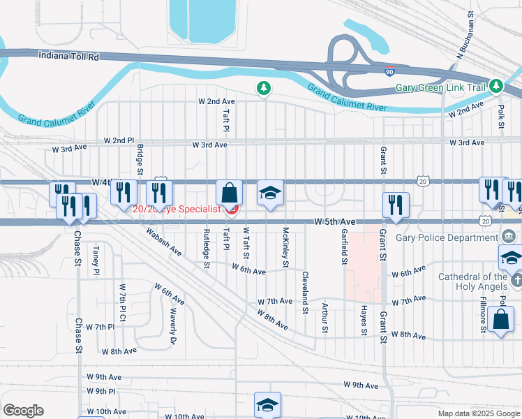 map of restaurants, bars, coffee shops, grocery stores, and more near 464 Roosevelt Street in Gary