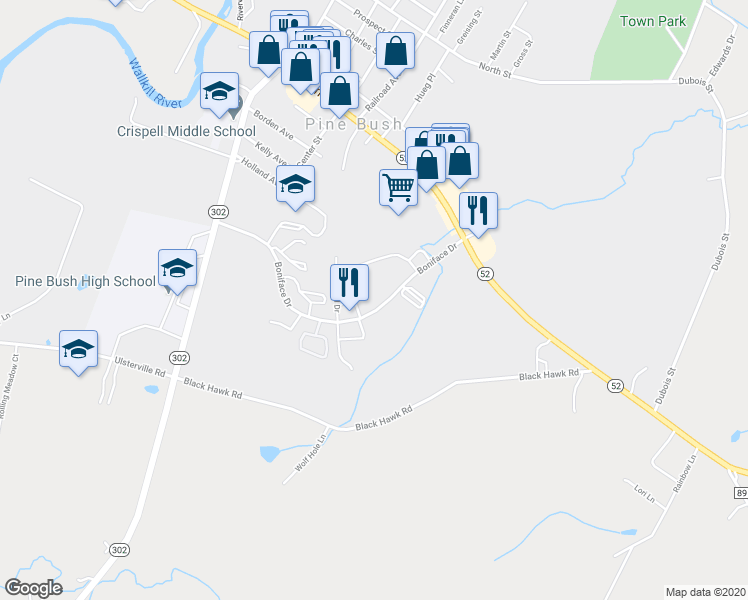 map of restaurants, bars, coffee shops, grocery stores, and more near 70 Boniface Drive in Pine Bush