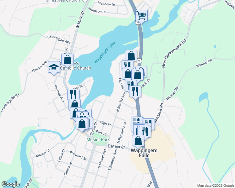 map of restaurants, bars, coffee shops, grocery stores, and more near 55 North Mesier Avenue in Wappingers Falls