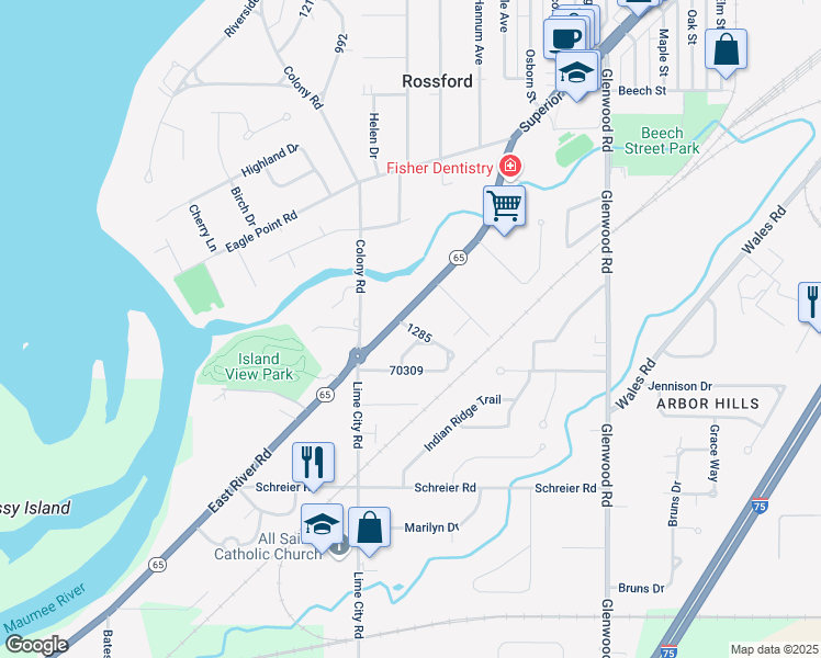 map of restaurants, bars, coffee shops, grocery stores, and more near 121 Rossburn Place in Rossford