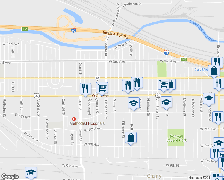 map of restaurants, bars, coffee shops, grocery stores, and more near 456 Pierce Street in Gary