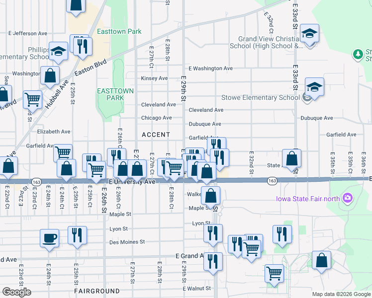 map of restaurants, bars, coffee shops, grocery stores, and more near 2902 Mahaska Avenue in Des Moines
