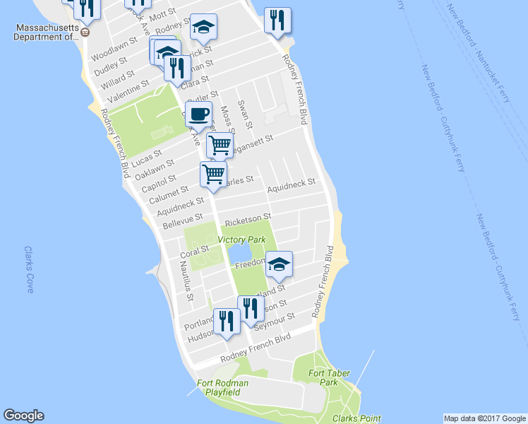 map of restaurants, bars, coffee shops, grocery stores, and more near 103 Ricketson Street in New Bedford