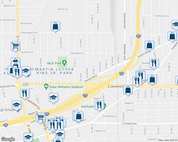 map of restaurants, bars, coffee shops, grocery stores, and more near 1269 Stewart Street in Des Moines