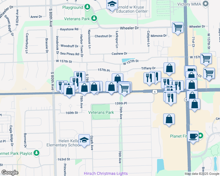 map of restaurants, bars, coffee shops, grocery stores, and more near 7646 U.S. 6 in Tinley Park