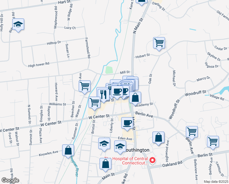 map of restaurants, bars, coffee shops, grocery stores, and more near 29 Liberty Street in Southington