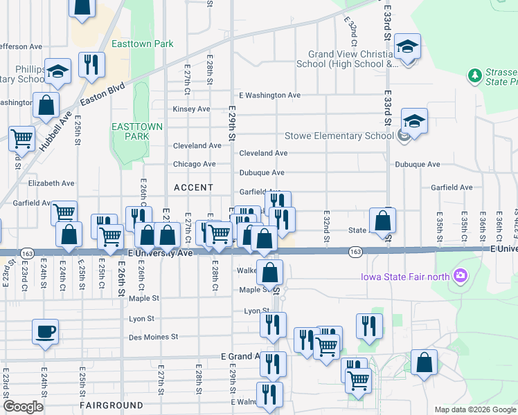 map of restaurants, bars, coffee shops, grocery stores, and more near 2932 Mahaska Avenue in Des Moines