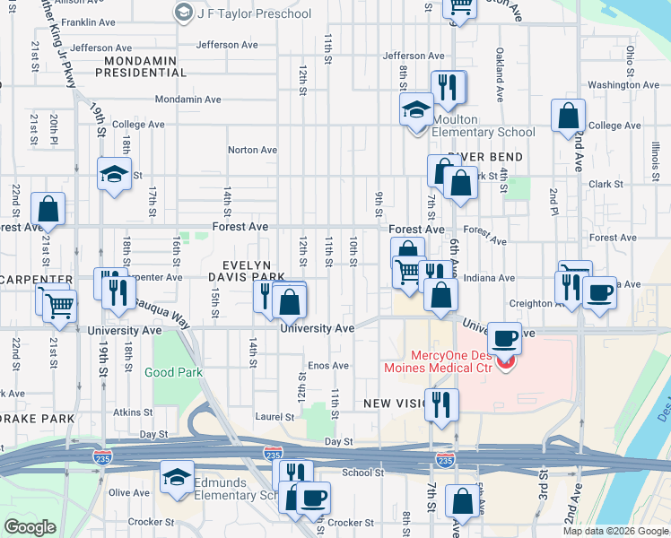 map of restaurants, bars, coffee shops, grocery stores, and more near 1311 11th Street in Des Moines