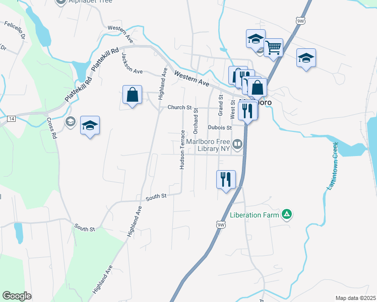 map of restaurants, bars, coffee shops, grocery stores, and more near 39 Bloom St in Marlboro