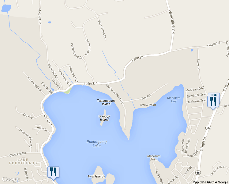 map of restaurants, bars, coffee shops, grocery stores, and more near 79 Spellman Point Rd in East Hampton