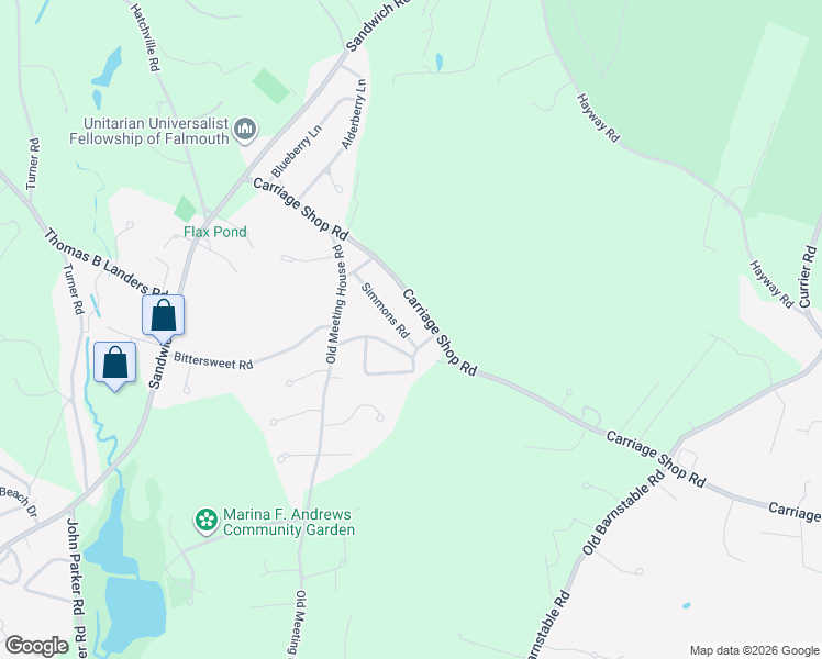 map of restaurants, bars, coffee shops, grocery stores, and more near 9 Simmons Road in Falmouth