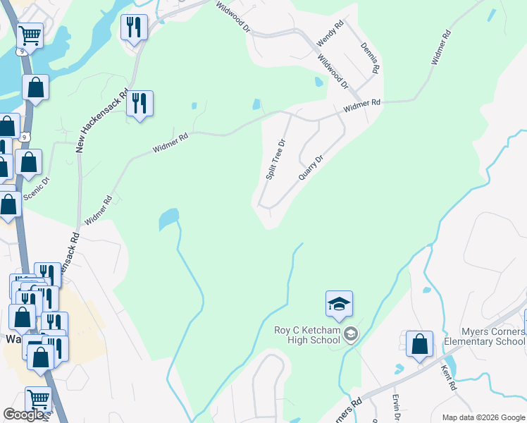 map of restaurants, bars, coffee shops, grocery stores, and more near 45 Quarry Drive in Wappingers Falls