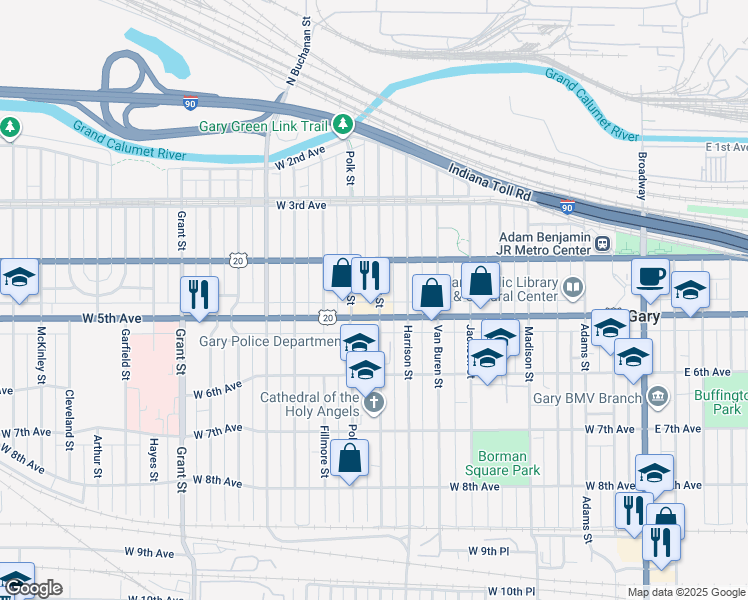 map of restaurants, bars, coffee shops, grocery stores, and more near 456 Tyler Street in Gary