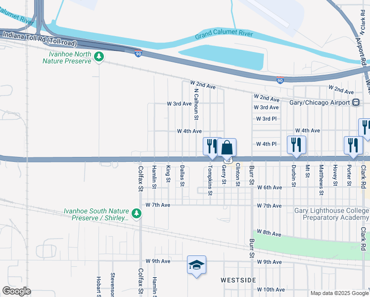 map of restaurants, bars, coffee shops, grocery stores, and more near 449 Dallas Street in Gary