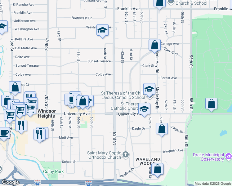 map of restaurants, bars, coffee shops, grocery stores, and more near 1329 63rd Street in Des Moines