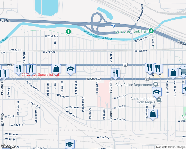 map of restaurants, bars, coffee shops, grocery stores, and more near 475 Garfield Street in Gary