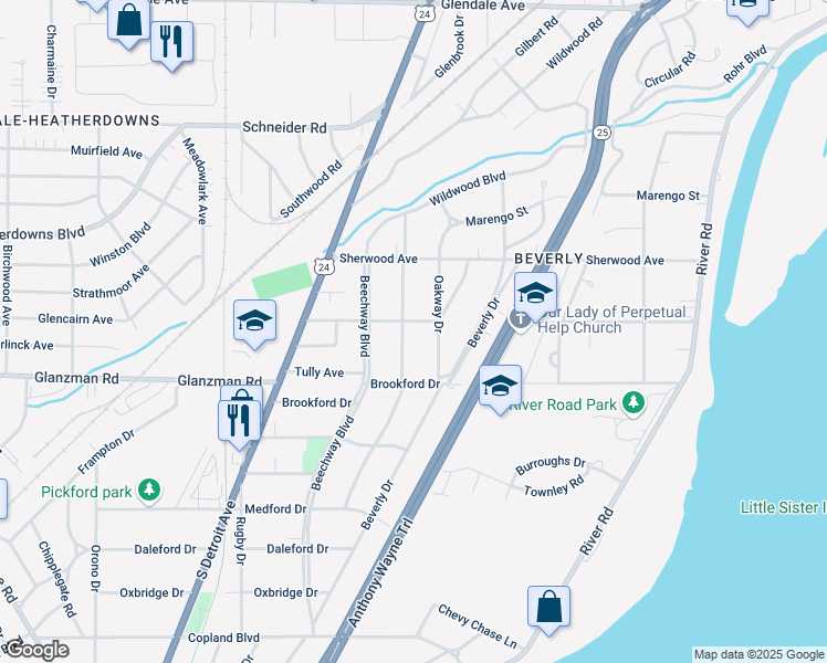 map of restaurants, bars, coffee shops, grocery stores, and more near 3507 Mapleway Dr in Toledo