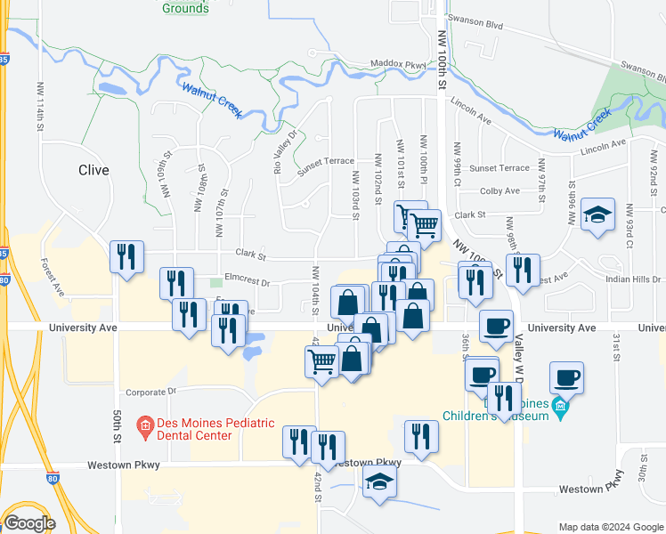 map of restaurants, bars, coffee shops, grocery stores, and more near 10390 Clark Street in Clive