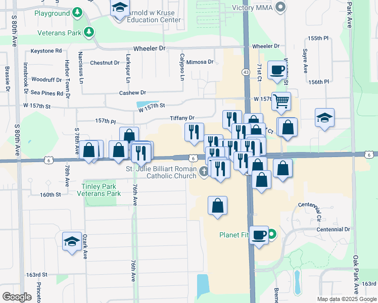 map of restaurants, bars, coffee shops, grocery stores, and more near 7402 West 159th Street in Orland Park
