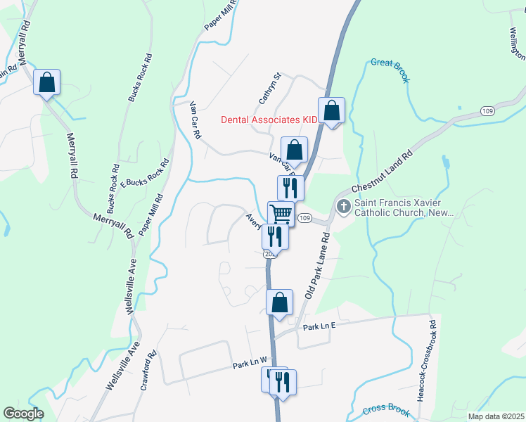 map of restaurants, bars, coffee shops, grocery stores, and more near 22 Avery Circle in New Milford