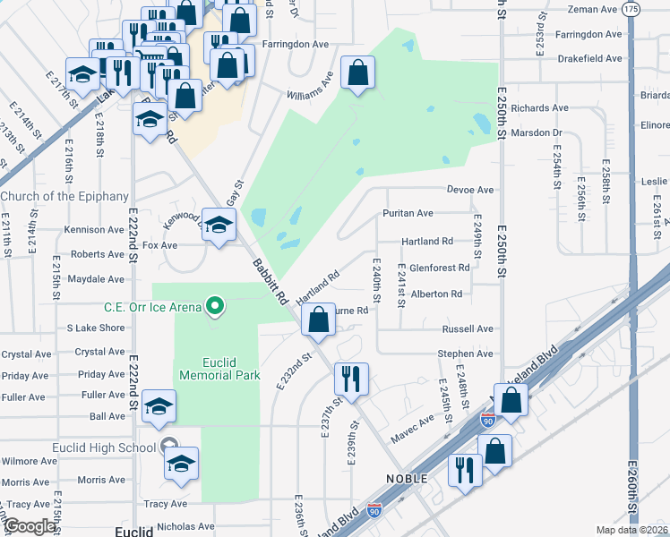map of restaurants, bars, coffee shops, grocery stores, and more near 23731 Hartland Road in Euclid