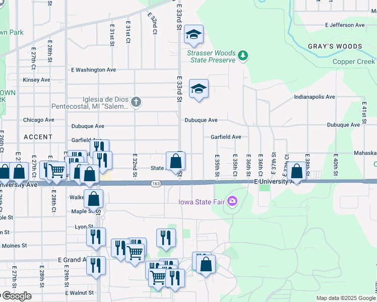 map of restaurants, bars, coffee shops, grocery stores, and more near 1254 East 33rd Court in Des Moines