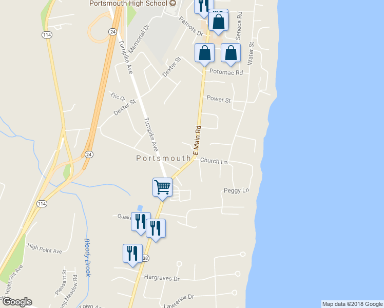 map of restaurants, bars, coffee shops, grocery stores, and more near 2694 East Main Road in Portsmouth