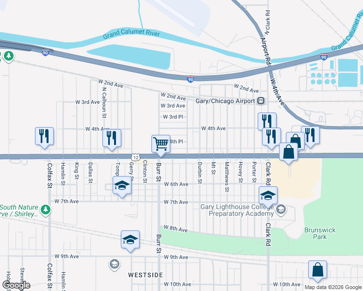 map of restaurants, bars, coffee shops, grocery stores, and more near 5227 W 4th Pl in Gary