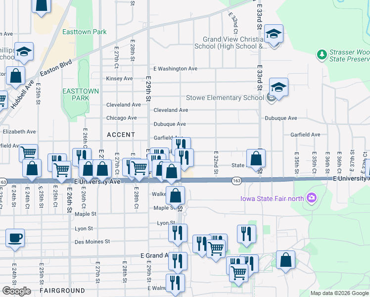map of restaurants, bars, coffee shops, grocery stores, and more near 3004 Mahaska Avenue in Des Moines