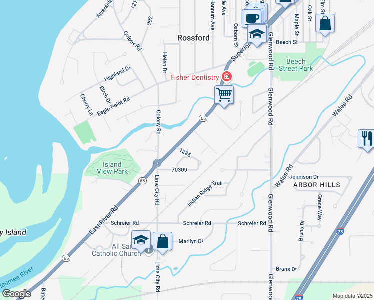map of restaurants, bars, coffee shops, grocery stores, and more near 121 Rossburn Place in Rossford