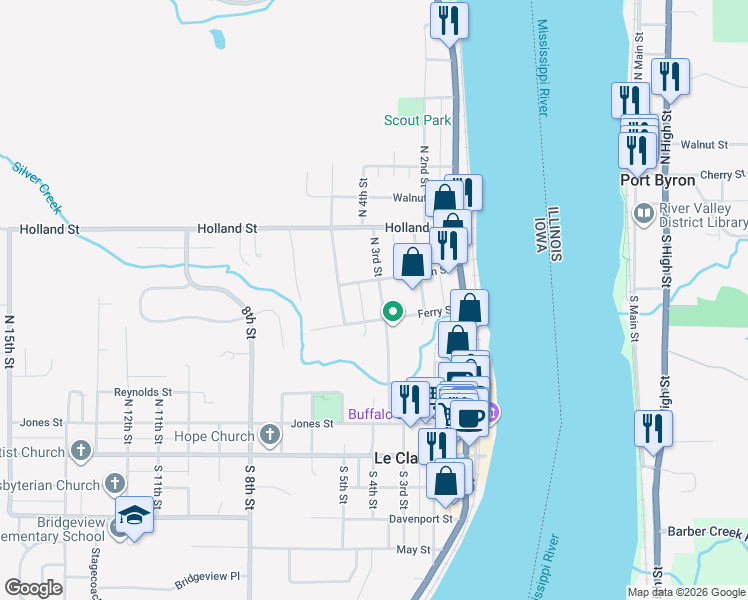 map of restaurants, bars, coffee shops, grocery stores, and more near 520 North 3rd Street in Le Claire