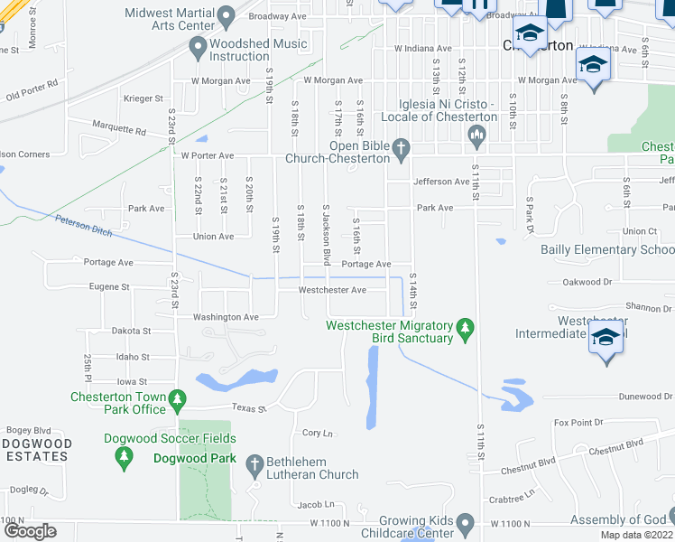 map of restaurants, bars, coffee shops, grocery stores, and more near 1623 Portage Avenue in Chesterton