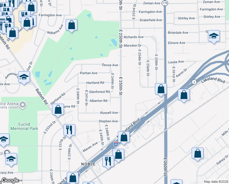 map of restaurants, bars, coffee shops, grocery stores, and more near 791 East 249th Street in Euclid