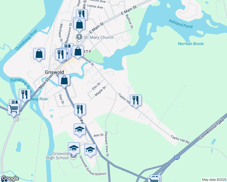 map of restaurants, bars, coffee shops, grocery stores, and more near 171 Ashland Street in Griswold