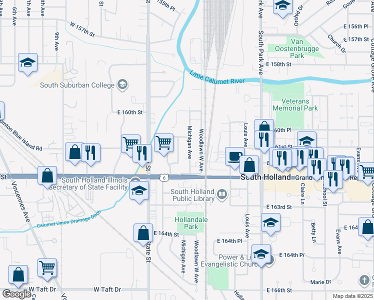 map of restaurants, bars, coffee shops, grocery stores, and more near 16100 Michigan Avenue in South Holland