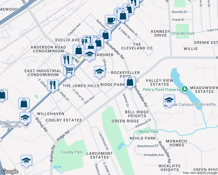 map of restaurants, bars, coffee shops, grocery stores, and more near 112 Arlington Circle in Wickliffe