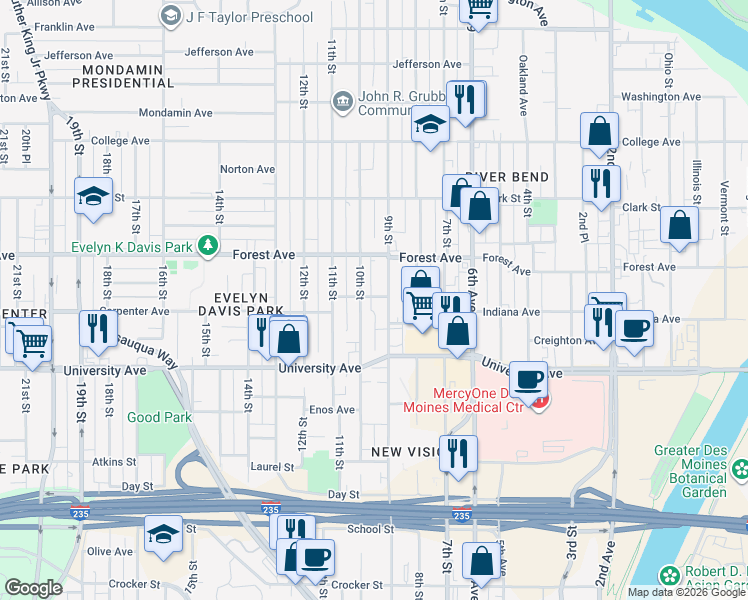 map of restaurants, bars, coffee shops, grocery stores, and more near 912 Mary Avenue in Des Moines