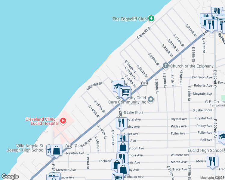 map of restaurants, bars, coffee shops, grocery stores, and more near 135 East 200th Street in Euclid