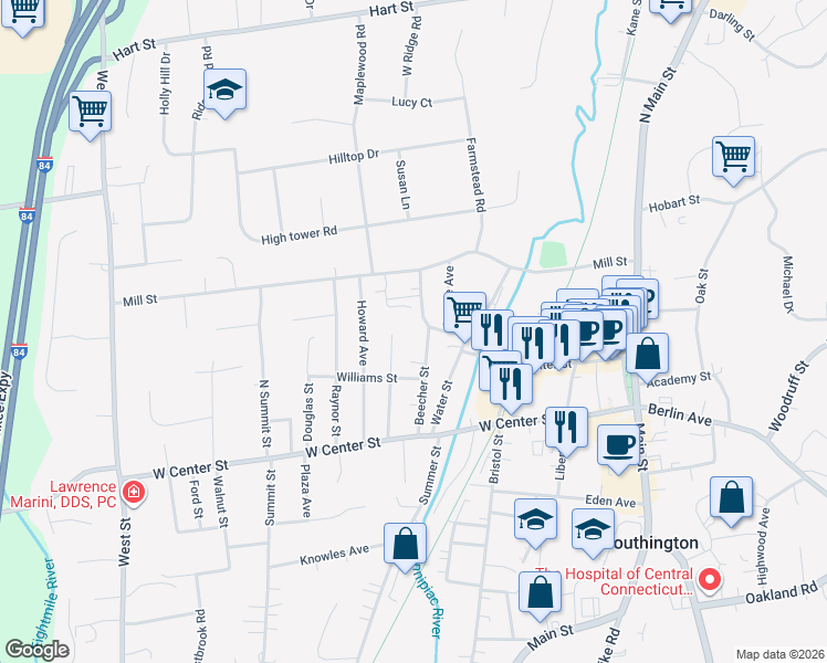 map of restaurants, bars, coffee shops, grocery stores, and more near 104 Beecher Street in Southington