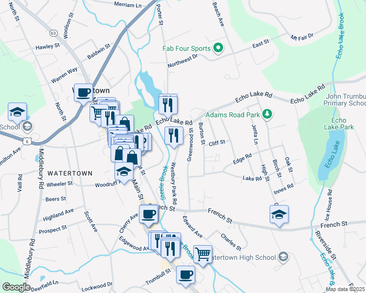 map of restaurants, bars, coffee shops, grocery stores, and more near 44 Greenwood Street in Watertown