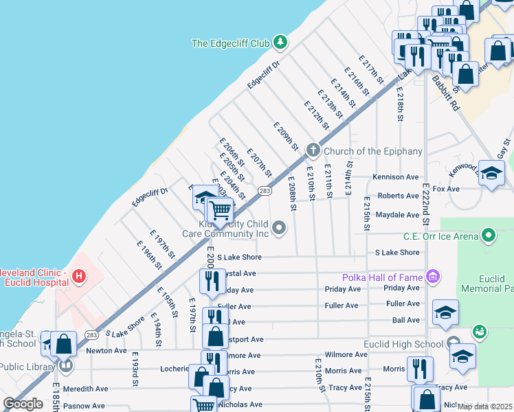 map of restaurants, bars, coffee shops, grocery stores, and more near 236 East 206th Street in Euclid